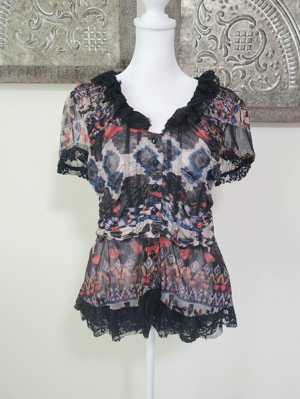 Y2K Lapis Sheer Lace-Trim Blouse in Multi-Color Large Going Out Top Layering